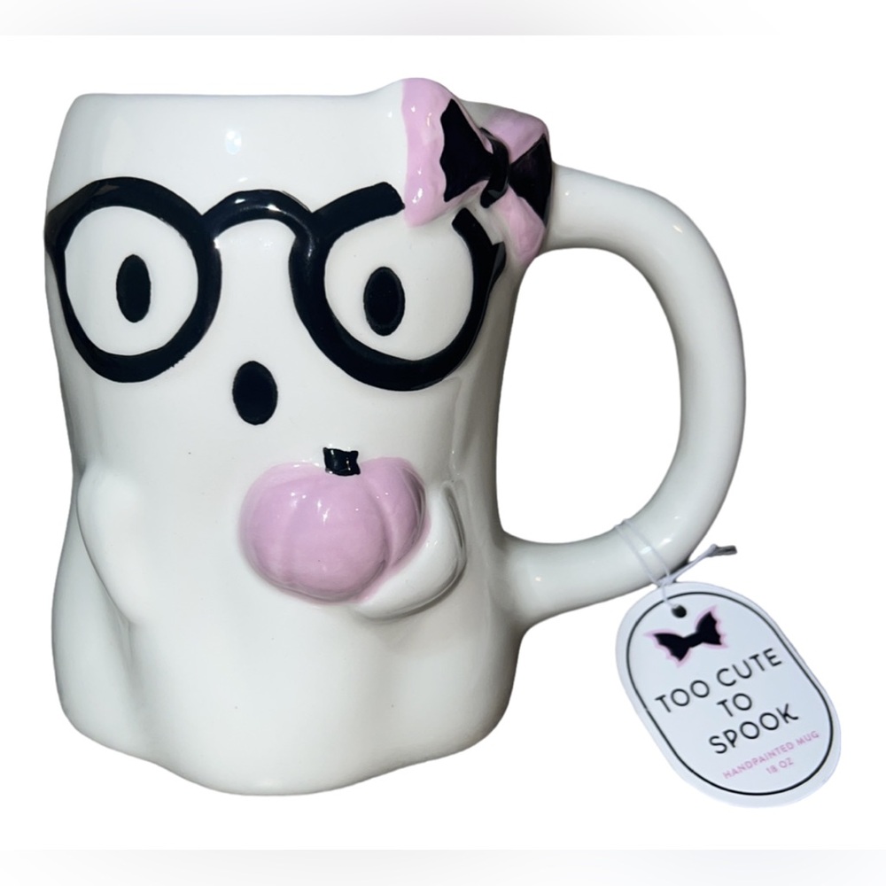 Halloween Girly Ghost With A Pink Pumpkin Bow and Glasses Ceramic Mug